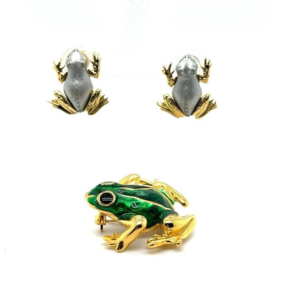 2 VTG Jewelry Frog Pieces - JJ Jonette & Ai Gold Tone & Enamel! Pin Earrings 122 - Picture 5 of 12